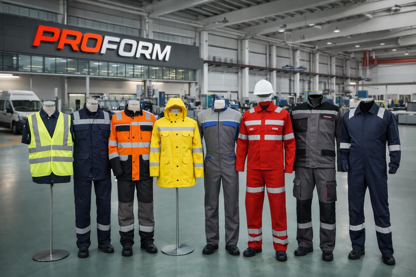 Fabrika zemininde sıralanmış Proform iş kıyafetleri
